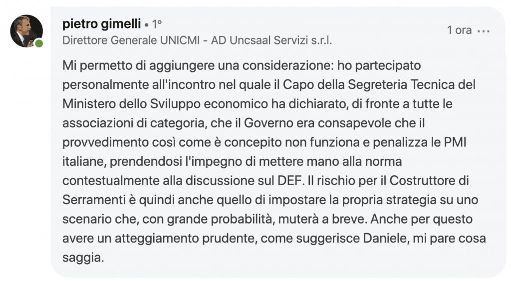 Commento Linkedin di Pietro Gimelli per Daniele Cagnoni