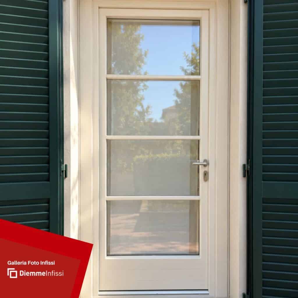 Porta di ingresso bianca con elementi in vetro, maniglia e serratura personalizzate incorniciata da persiane in alluminio di colore verde a Lucca